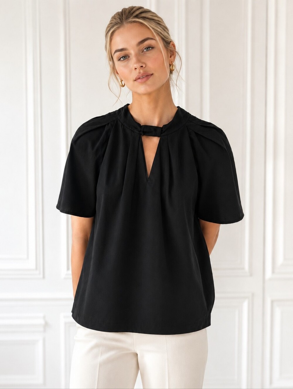 Elouii Black Bow Tie Back Blouse Plus Size 18 Keyhole Puff Sleeve